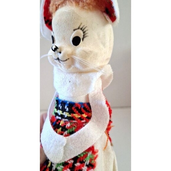 Flocked White Mouse Christmas Ornament 6" Plaid Apron Ears Vintage Taiwan - Picture 9 of 10